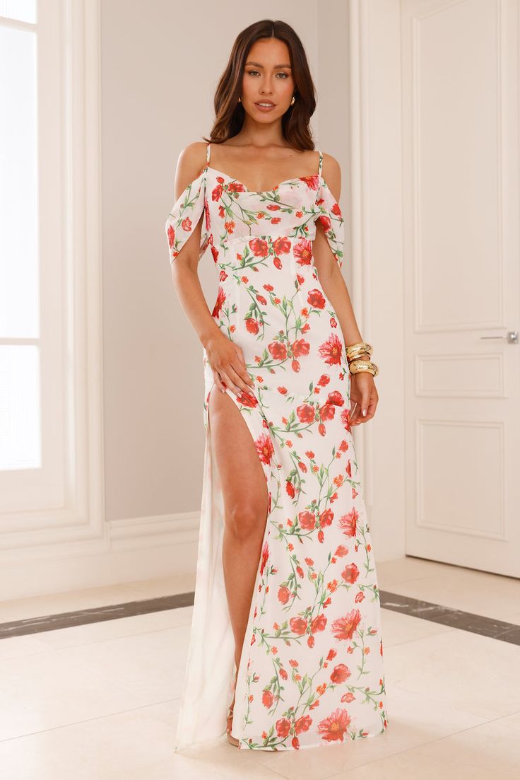 Length from shoulder to hem of size S: approx. 150cm.  Chest: 39cm, Waist: 36cm, across front only of size S.  Maxi dress.  Lined.  Model is a standard XS and is wearing size XS.  True to size.  Non-stretch.  Flowy.  Off-the-shoulder sleeves.  Split to skirt.  Print placement may vary.  Zipper with hook eye closure.  Cold hand wash only.  Polyester/Spandex.           Please Note: This product is a nidebeibao Exclusive.            For endless romance, style the nidebeibao Rose Reverie Off Shoulder Maxi Dress. Featuring an off-the-shoulder design, a gorgeous flowy silhouette and a split to the skirt. Style with heels for a fancy event and impress. Skirt Print, Maxi Dress White, Prom Shopping, Off Shoulder Maxi Dress, Print Placement, Pink Mini Dresses, White Maxi Dresses, Shop Maxi Dresses, Hook Eye