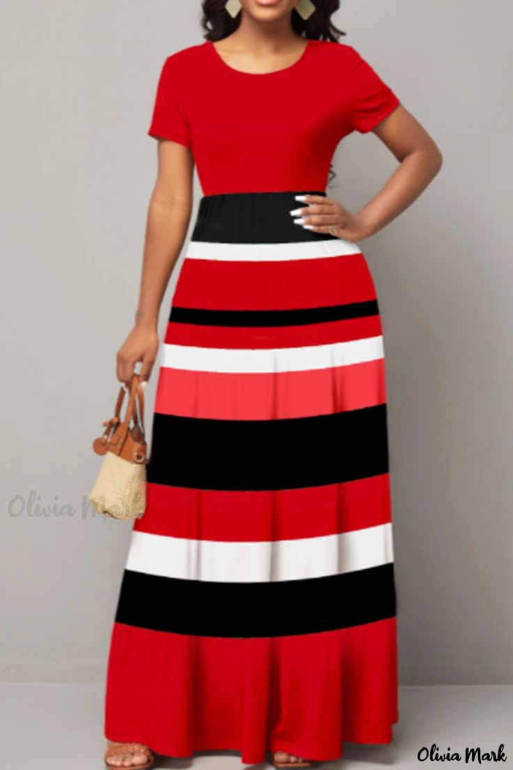 Olivia Mark - Professional Womens Patchwork A-Line Dress with Blue Striped Print and O-Neck Collar Red Color Block Maxi Dress, Red Patchwork Maxi Dress For Spring, Spring Red Patchwork Maxi Dress, Red Maxi Dress With Patchwork, Casual V-neck Color Block Maxi Dress, Casual V-neck Splicing Dress, Casual V-neck Dress With Splicing, Casual Red Patchwork Dress, Casual Red Patchwork Maxi Dress