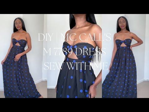 two pictures of a woman wearing a dress with blue polka dots on it and the words diy icc calls m790drees sew within