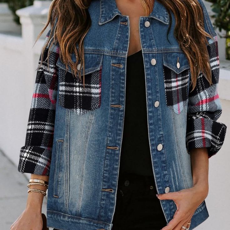 New Boutique Item S 4-6 M 8-10 L 12-14 Xl 16-18 Xxl 20=22 Plaid Denim Outerwear With Pockets, Plaid Denim Long Sleeve Outerwear, Long-sleeved Plaid Denim Outerwear, Plaid Denim Outerwear With Long Sleeves, Plaid Denim Outerwear For Fall, Blue Oversized Outerwear For Spring, Oversized Blue Outerwear For Spring, Oversized Long Sleeve Denim Blue Outerwear, Denim Long Sleeve Outerwear With Pockets