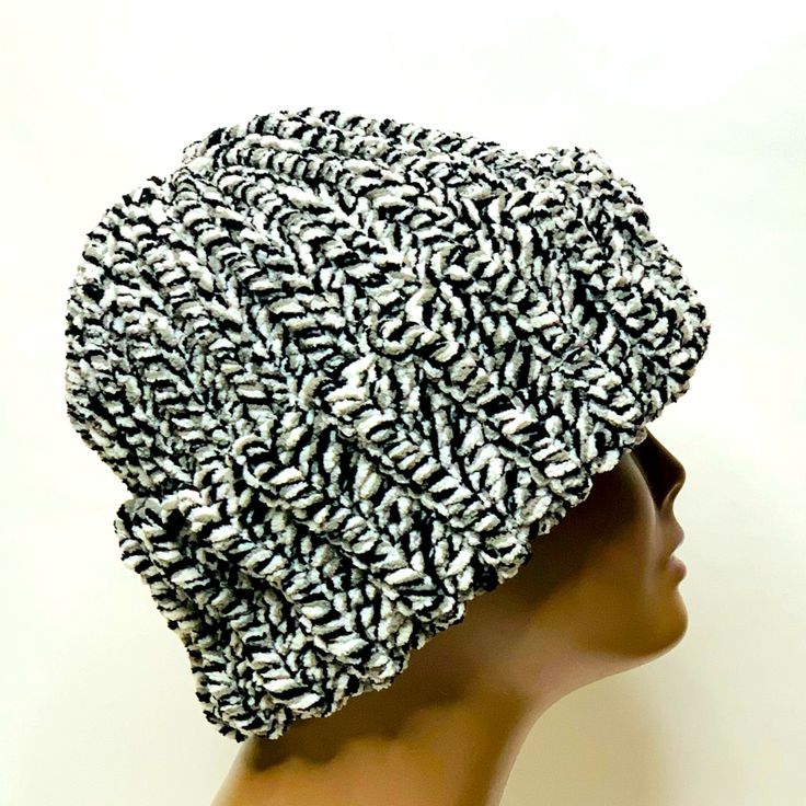 Handknit Inkwell(Black/White/Gray/Brown) Hat Made From Bernat Blanket Yarn-Fold For Wide Brim Casual Gray Hand Knitted Hat, Casual Gray Crochet Hat For Fall, Casual Gray Crochet Hat For Cold Weather, Casual Hand Knitted Gray Hat, Casual Hand-knitted Gray Hat, Casual Gray Yarn Hat, Cozy Black Knit Hat, Casual Gray Crochet Hat One Size, Casual Black Crochet Hat For Fall