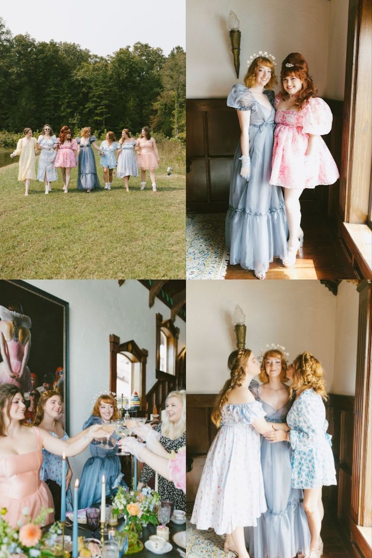 several pictures of women dressed in dresses and holding candles