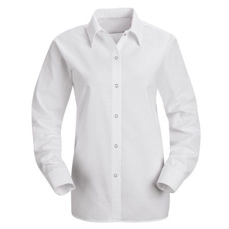 Getting the job done is as easy as 1-2-3 in our plain-front pocketless work shirt. With a gripper-front closure and a tuckable straight hem, this shirt makes looking professional for work a snap. And the durable fabric with a soil releasing ability and a wickable finish helps keep this shirt clean and proper even after a long shift. Stay clean and focused in this specialized work shirt for women. Size: 3XL. Color: White. Gender: female. Age Group: adult. Long Sleeve Dress Shirt For Workwear, Long Sleeve Dress Shirt With Placket For Work, Plain Long Sleeve Workwear Shirt, Plain Long Sleeve Shirt For Work, Collared Dress Shirt For Work, Solid Dress Shirt With Pockets For Work, Professional Button-up Dress Shirt For Work, Solid Color Dress Shirt With Pockets For Work, Collared Professional Dress Shirt For Work