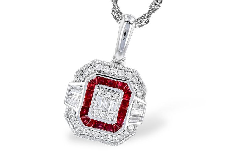 Experience timeless elegance and sophistication with our Ruby and Diamond Pendant. Adorned with fiery rubies and sparkling diamonds in a stunning "o" design, this pendant exudes luxury and charm. Perfect for adding a touch of glamour to any outfit, it's a must-have for any jewelry collection. Luxury Ruby Jewelry With Pave Setting, Red Diamond Necklace With Brilliant Cut, Ruby Jewelry With Baguette Diamonds For Anniversary, Anniversary Ruby Jewelry With Baguette Diamonds, Anniversary Jewelry With Baguette Diamonds And Ruby, Luxury Ruby Diamond Necklace With Accents, Fine Jewelry Ruby Diamond Necklace Brilliant Cut, Luxury Ruby Diamond Necklace With Diamond Accents, Luxury Ruby Baguette Cut Jewelry