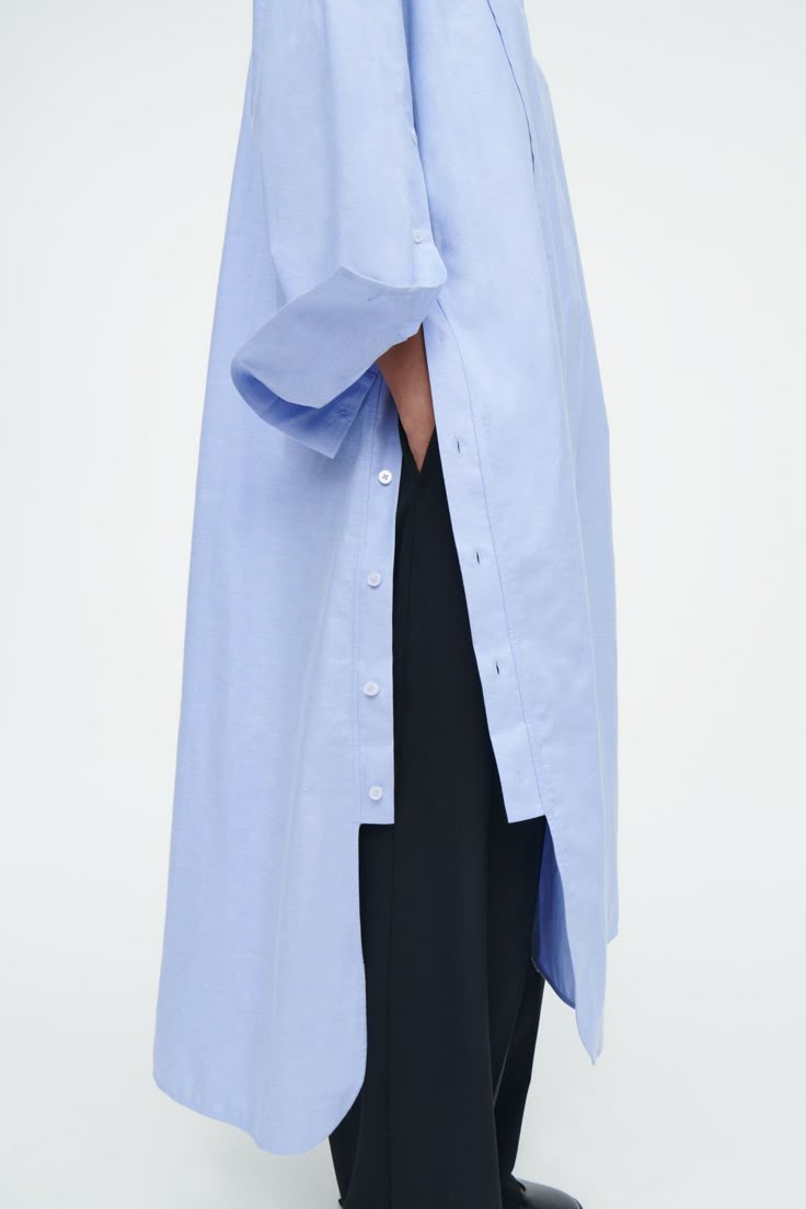 ASYMMETRIC DECONSTRUCTED SHIRT DRESS - LIGHT BLUE - COS Avant Garde Button Up Shirt, Asymmetrical Shirts For Women, Upcycle Dress Shirt, Oversized Button Up Shirt Dress, Future Fashion Futuristic, Light Blue Outfits, Deconstructed Dress, Deconstructed Shirt, Deconstruction Fashion