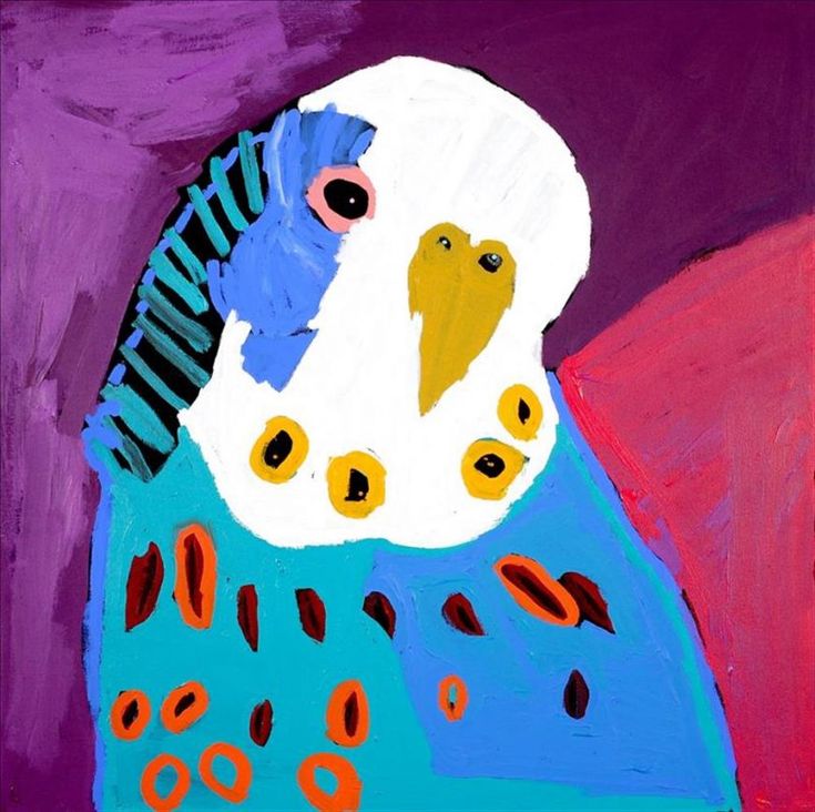 an abstract painting of a bird with blue, yellow and red feathers on it's head