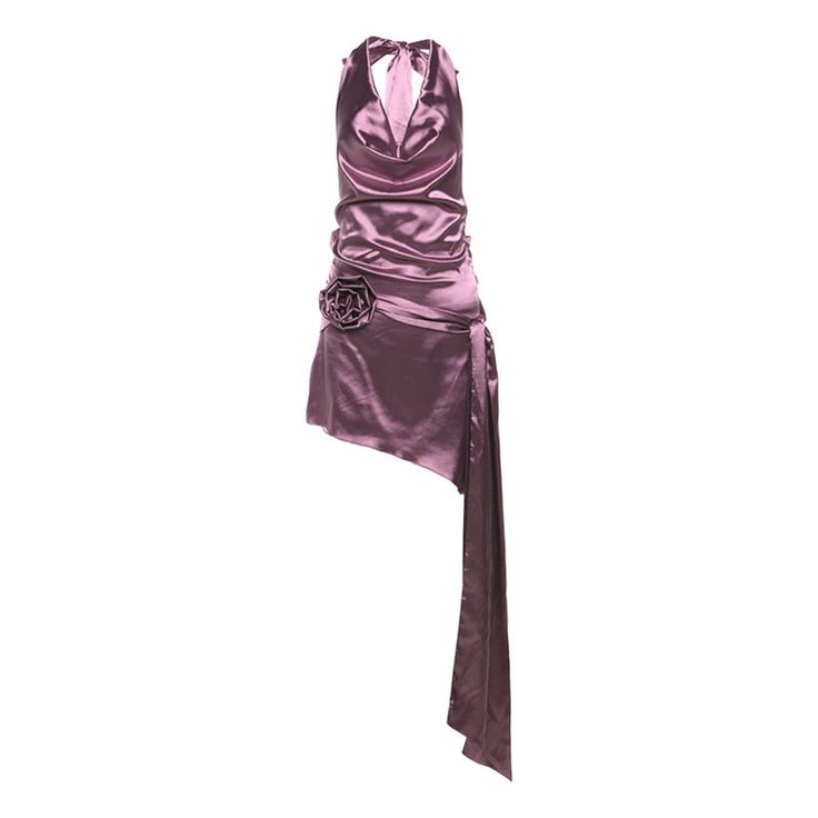 Indulge in elegance with our French-Inspired Satin Dress, a sophisticated piece that exudes luxury and allure. Crafted from polyester and spandex, this dress features a snug, bodycon fit that accentuates your curves. The halter tie-up design and sexy deep V-neck backless detail add a touch of sensuality, while the pleated ensemble and irregular hem offer a unique flair. Complete with waist floral embellishment and satin ribbon decor, this dress is perfect for commuting, daily wear, holiday festi Socialite Style, Halter Neck Dress, Purple Satin, Satin Mini Dress, Spring Women, Halterneck Dress, Types Of Skirts, Spaghetti Strap Dresses, Club Dresses