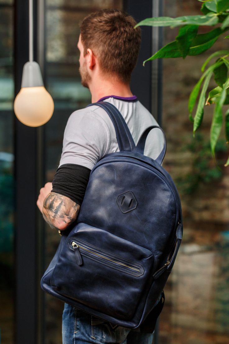 Leather Backpack made of Navy Crazy Horse leather. For certain, backpack is a type of bag that might be called the most handy and comfortable.  And it is doubly pleasant to have a  high quality backpack that looks unique and fancy.  Leather rucksack is perfect leather  bag to carry EVERYTHING you need  for work, study, trip or active outdoors. Laptop backpack combines classic style and modern usable design, just the right size - not too big but still capacious. 🔷 FEATURES: ➖ Height: 18 in ➖ Wid Nice Backpacks, Bag Packs, Leather Backpack For Men, Study Trip, Minimalist Backpack, Leather Rucksack, Practical Bag, Work Study, Laptop Rucksack