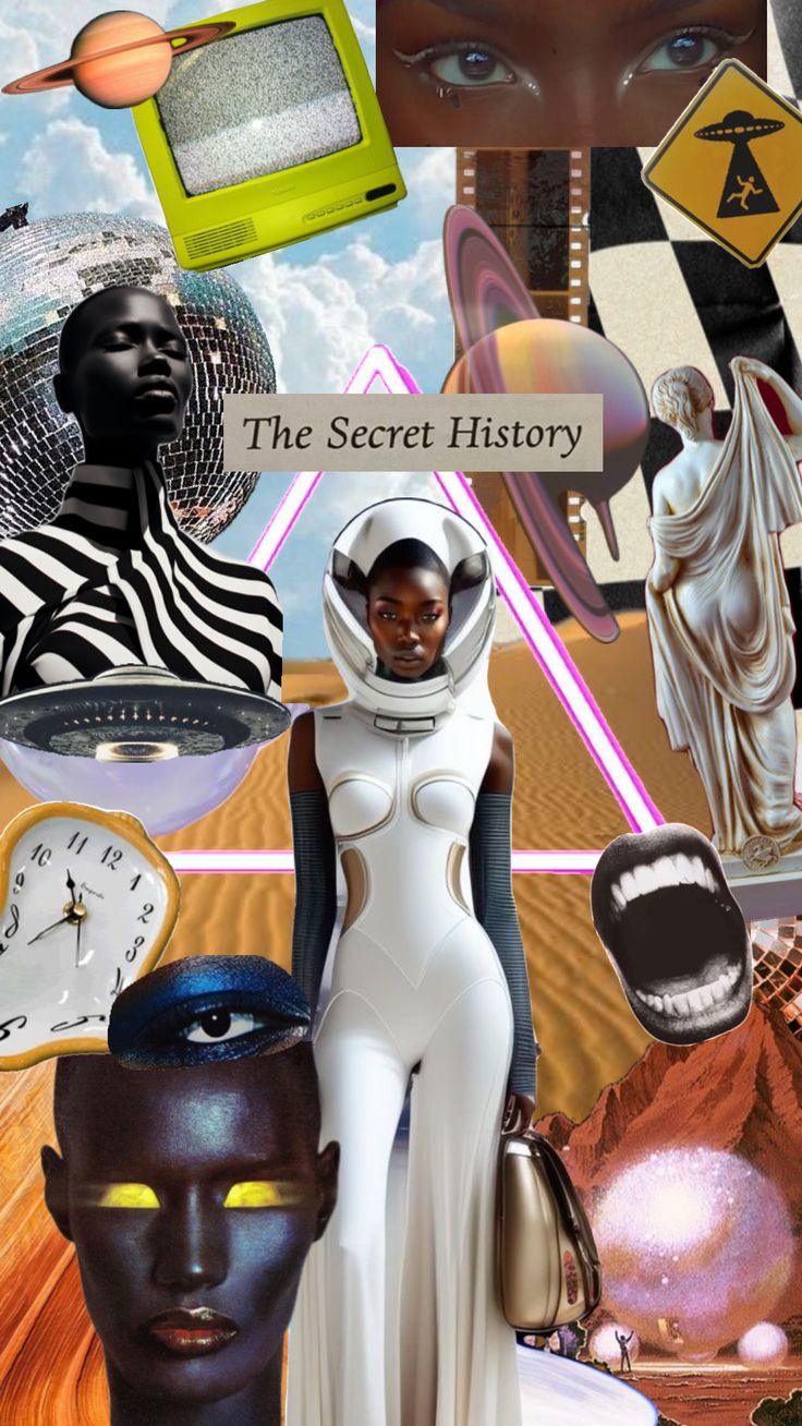 a collage of various images with the words the secret history on it and an image of a woman in white