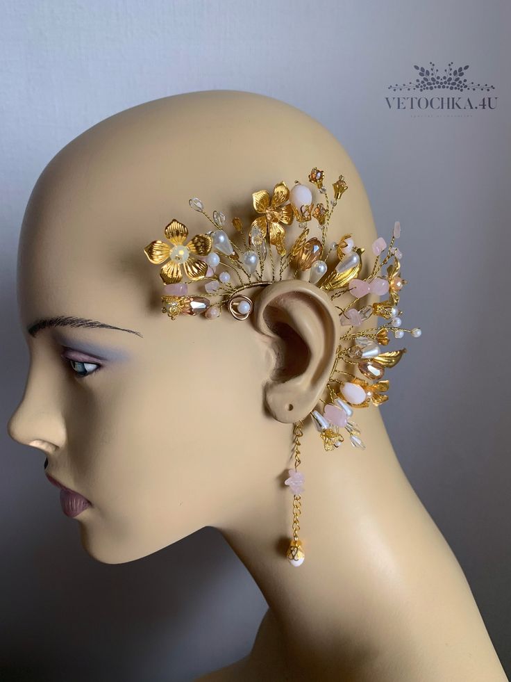 Handmade ear cuff gold color will definitely make your outfit so wild! Slip on an ear cuff for a look that will transform your ear immediately!  This is a perfect bridal Fantasy cuff earring created with  crystal beads and metal  butterflies, flowers, moonstone, quartz My jewelry design is inspired by nature and made with the highest attention to detail and quality Be beautiful and unique with Vetochka4U jewelry! Decor - all length 13 cm = 5 inch Length ear cuff 6 cm = 2,3 inch Chain 8 cm = 3,14 inch Standard size The base of the cuff is flexible and you can give any shape! It's very comfortable and easy to wear. Price is for a single piece.  Ready to ship in 1-3 business days.  Each item is in a free gift box. You don't have to worry about presentation of your gift For any questions pleas Party Ear Cuff With Matching Earrings, Elegant Adjustable Ear Climbers For Party, Whimsical Adjustable Wedding Jewelry, Adjustable Gold Wrap Earrings For Wedding, Adjustable Single Cartilage Earring For Parties, Whimsical Adjustable Ear Cuff As Gift, Whimsical Adjustable Ear Cuff For Gift, Whimsical Gold Jewelry For Weddings, Gold Ear Cuff For Pierced Ears For Party