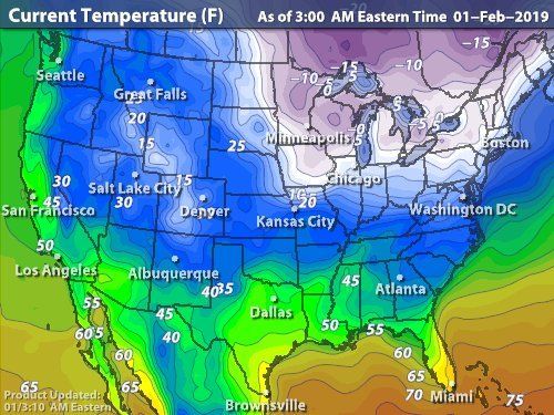 a weather map showing the temperature in the united states, and where it is currently