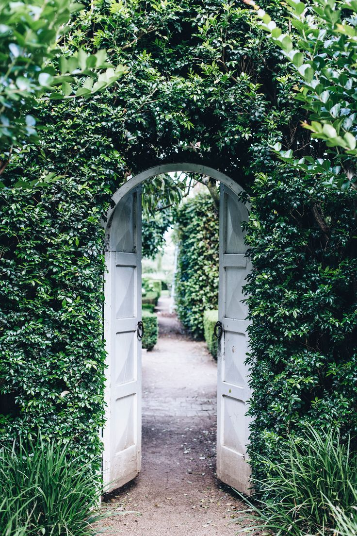 an archway in the middle of a lush green hedge lined path with trees and bushes