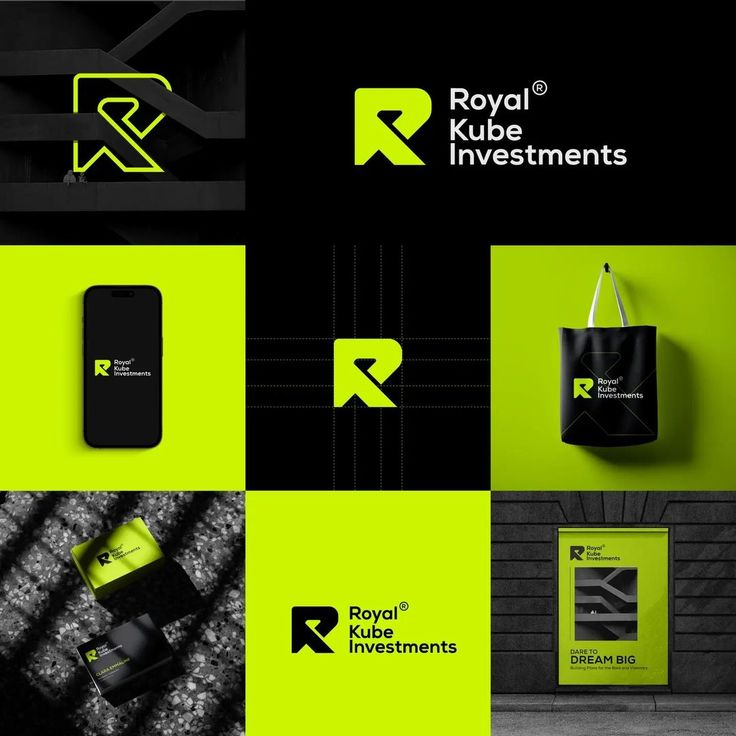 the logo for royal investments is shown in black and green colors, along with other logos