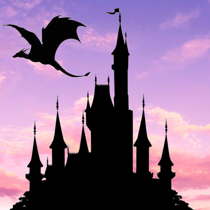 the silhouette of a castle with a dragon flying over it