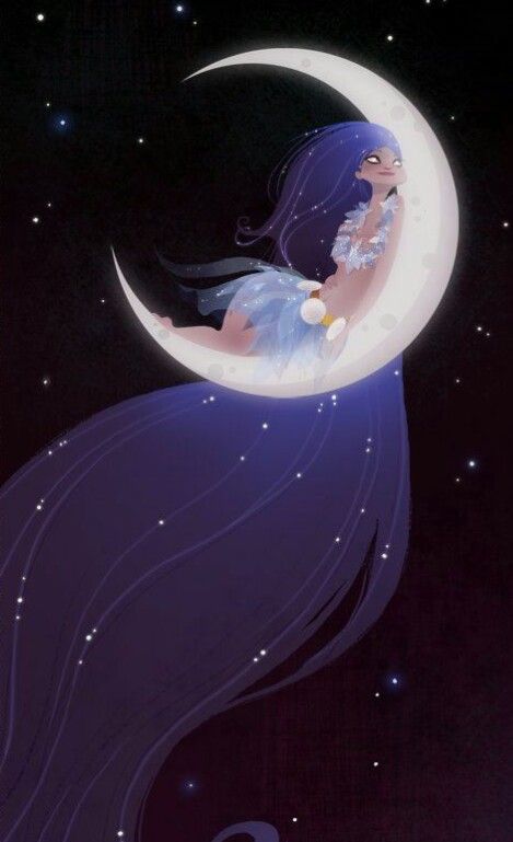 a woman sitting on the moon with her hair blowing in the wind