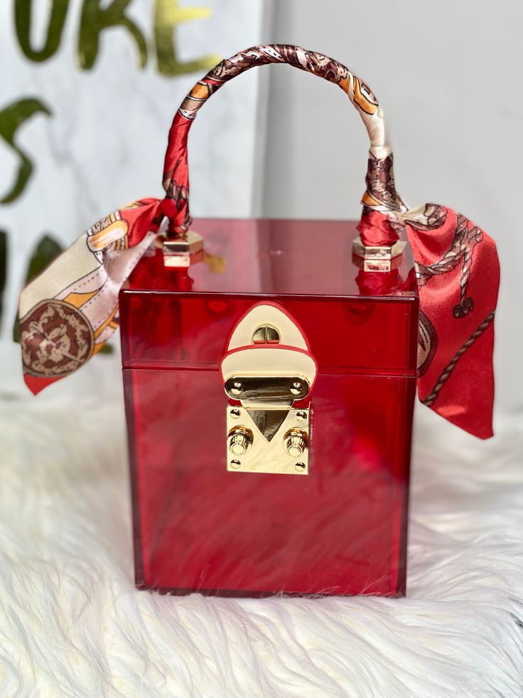 Acrylic Box Bag (Red) - KASH Queen Luxury Box Bag With Detachable Strap For Shopping, Luxury Trendy Red Box Bag, Luxury Red Bag With Removable Pouch, Cheap Red Box Bag For Daily Use, Trendy Square Box Bag As Fashion Accessory, Trendy Square Box Bag, Designer Square Box Bag For Gifts, Trendy Box Bag With Detachable Strap As Gift, Trendy Top Handle Box Bag Gift