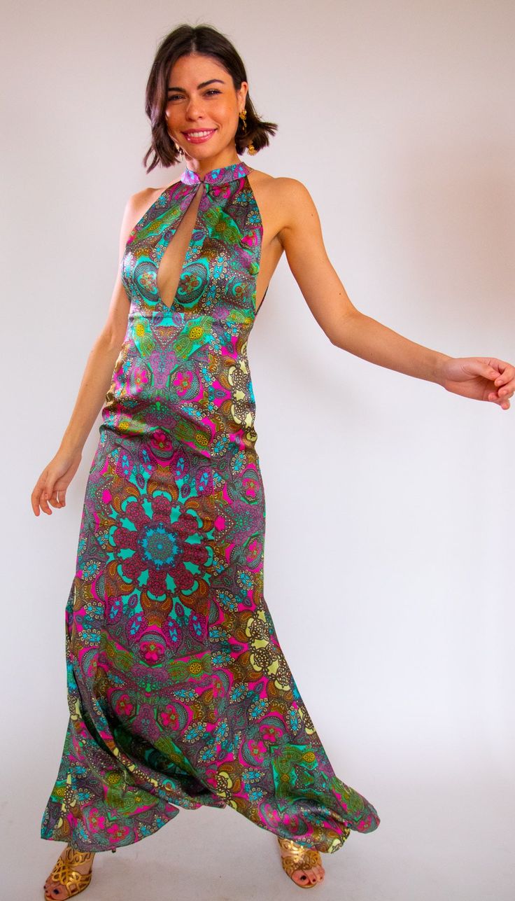 A kaleidoscope of deep and beautiful colors, this dress pulls upon medieval imagery with the patterning reminiscent of stained glass windows. The fitting of this dress highlights the beauty of any form and the neckline accentuates the neck and collarbone. P.S) The dress is 100% more beautiful live unfortunately the photography doesn't capture the beauty of this fabric. Don't be a stranger! Call us, text us, email us we will gladly help you find the perfect the perfect dress for you! Email: Trish Green Mosaic, Precious Gems, Stained Glass Windows, Glass Window, Perfect Dress, The Beauty, Beautiful Colors, Halter Dress, Stained Glass