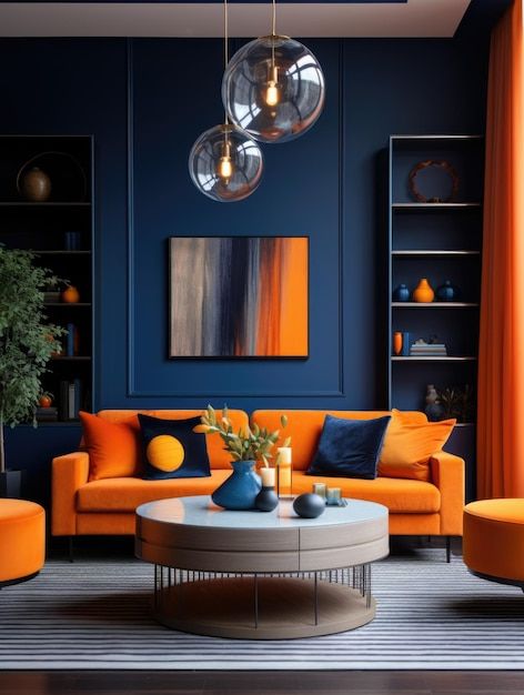 an orange and blue living room with modern furniture