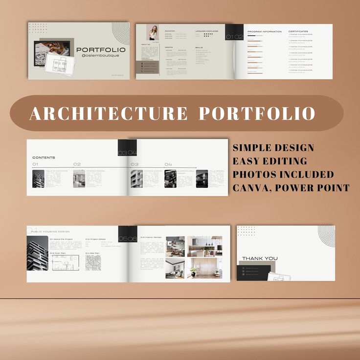 an architectural brochure is displayed on a wall with the title'architecture portfolio simple design easy editing, photos included cana power point '