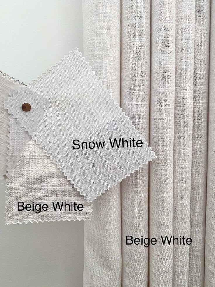 white curtains with different colors and sizes labeled in the words snow white, belge white, beige white