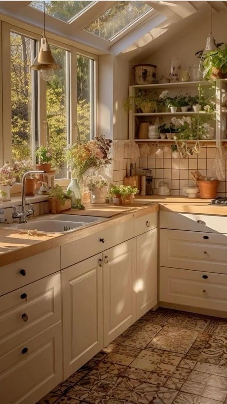 a kitchen filled with lots of counter top space next to a window covered in potted plants