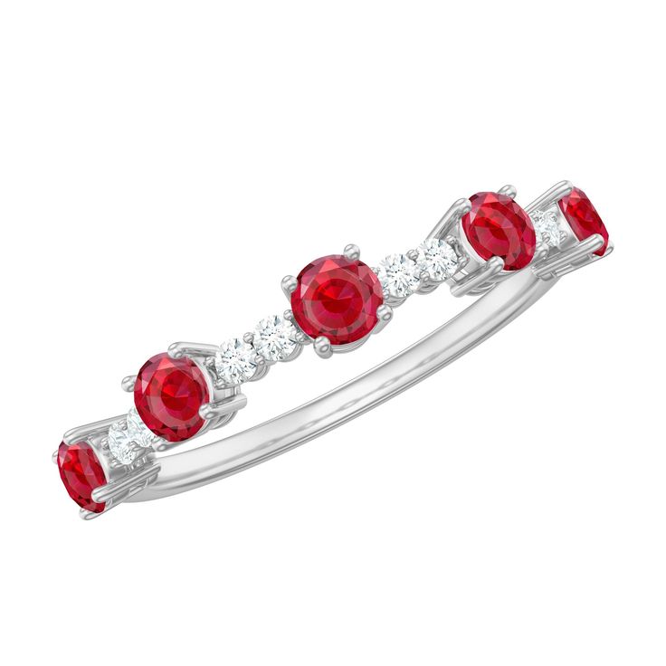 Lab Grown Ruby and Diamond Half Eternity Ring - Rosec Jewels Ruby Eternity Band With Prong Setting, Red Eternity Band With Prong Setting, Red Round Eternity Band With Prong Setting, Red Round Eternity Band For Anniversary, Ruby Half Eternity Round Ring In Fine Jewelry Style, Classic Diamond Ruby Stackable Ring, Ruby Stackable Rings With Prong Setting, Stackable Ruby Eternity Band With Round Cut, Stackable Round Cut Ruby Eternity Band