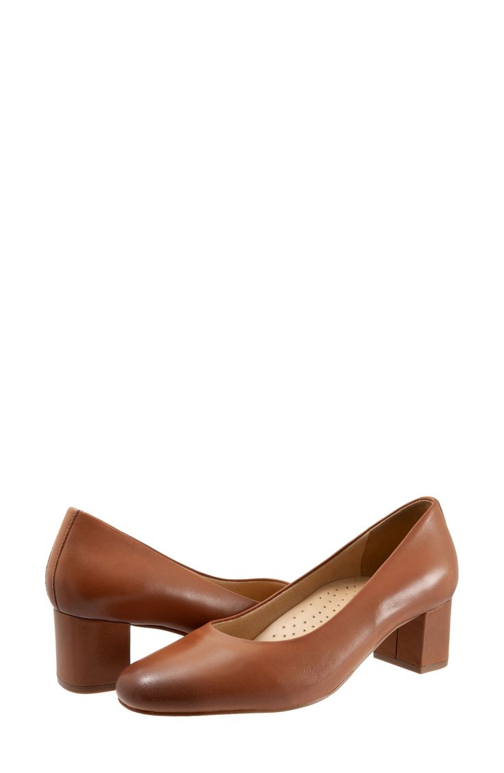 A chunky block heel elevates this streamlined leather pump crafted on a cushy memory foam footbed with breathable perforations. 2" heel Leather upper/textile lining/rubber sole Imported Brown Court Shoes With Block Heel For Work, Brown Block Heels With Padded Heel, Brown Block Heels With Almond Toe In Medium Width, Classic Closed Toe Block Heels With Removable Insole, Brown Stacked Heel Court Shoes For Work, Synthetic Block Heels For Workwear, Brown Court Shoes With Stacked Heel For Work, Closed Toe Synthetic Block Heels For Work, Brown Leather Block Heels With Padded Heel