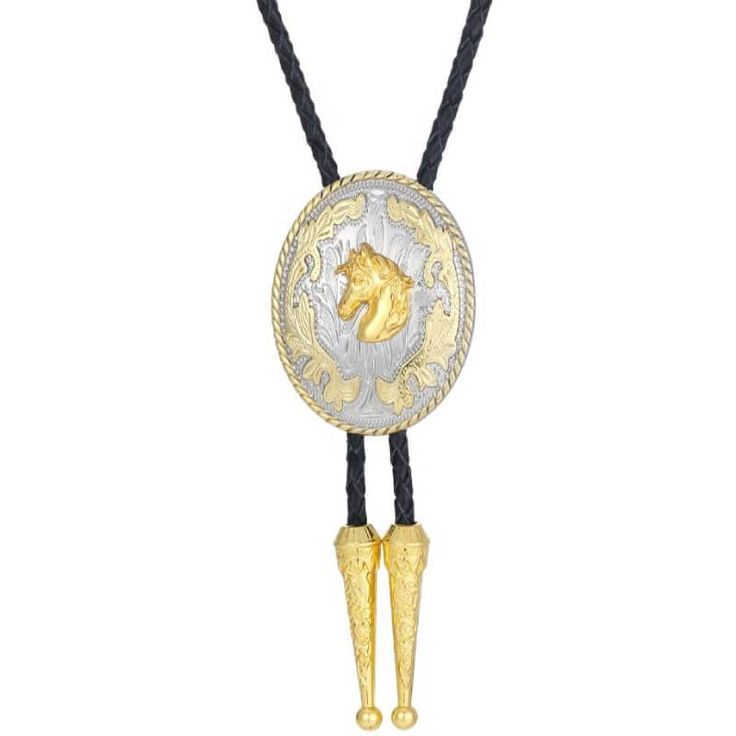 Elevate your Western ensemble with our Gold Horse Head Bolo Tie, a statement piece designed to exude elegance and distinction. Crafted with braided leather cords and zinc alloy accents, this 38" (96cm) bolo tie features a captivating pendant measuring 1.8" (4.5cm) x 2.3" (5.8cm), adorned with a majestic golden horse head.  Constructed with the finest materials, this bolo tie is built to withstand the test of time, ensuring both durability and style. The metal tips on the leather cord provide a r Vintage Gold Jewelry For Rodeo, Western Style Gold Lariat Jewelry, Western Jewelry With Adjustable Chain, Western Style Jewelry With Adjustable Chain, Western Style Lariat Jewelry With Adjustable Length, Adjustable Gold Concho Jewelry, Adjustable Gold Western Bolo Ties, Adjustable Western Metal Necklace, Gold Western Bolo Tie