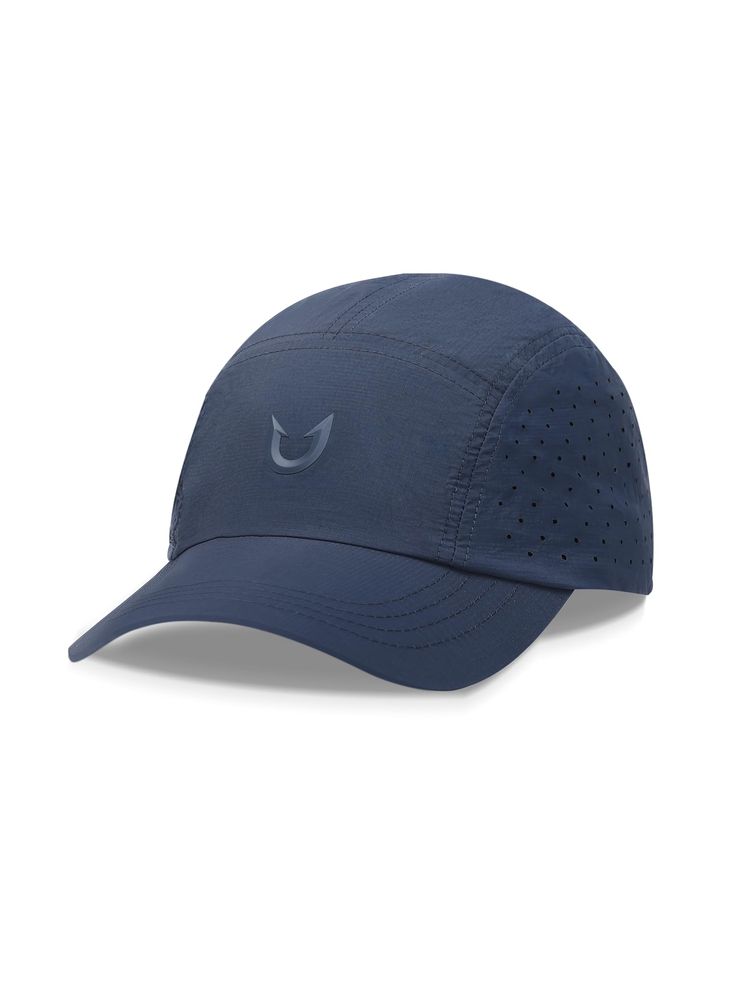 a blue cap with the logo on it and holes in the front, sitting against a white background