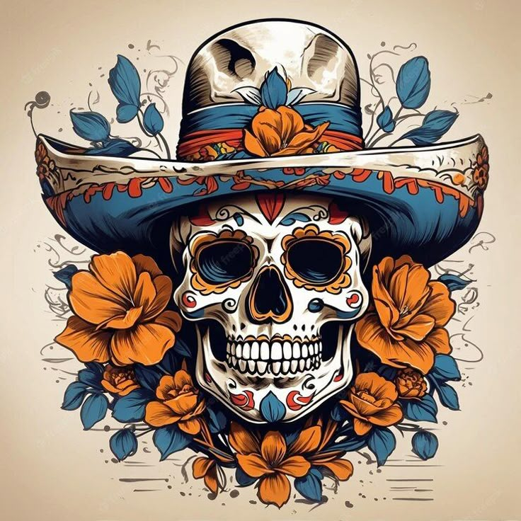 a skull wearing a sombrero with flowers on it's head and an orange flower