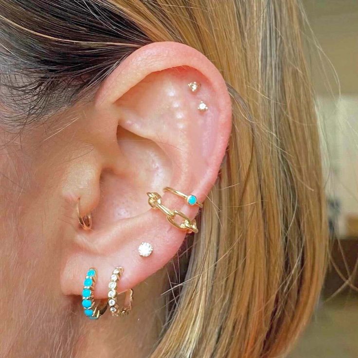 a close up of a person with ear piercings on their left and right ears