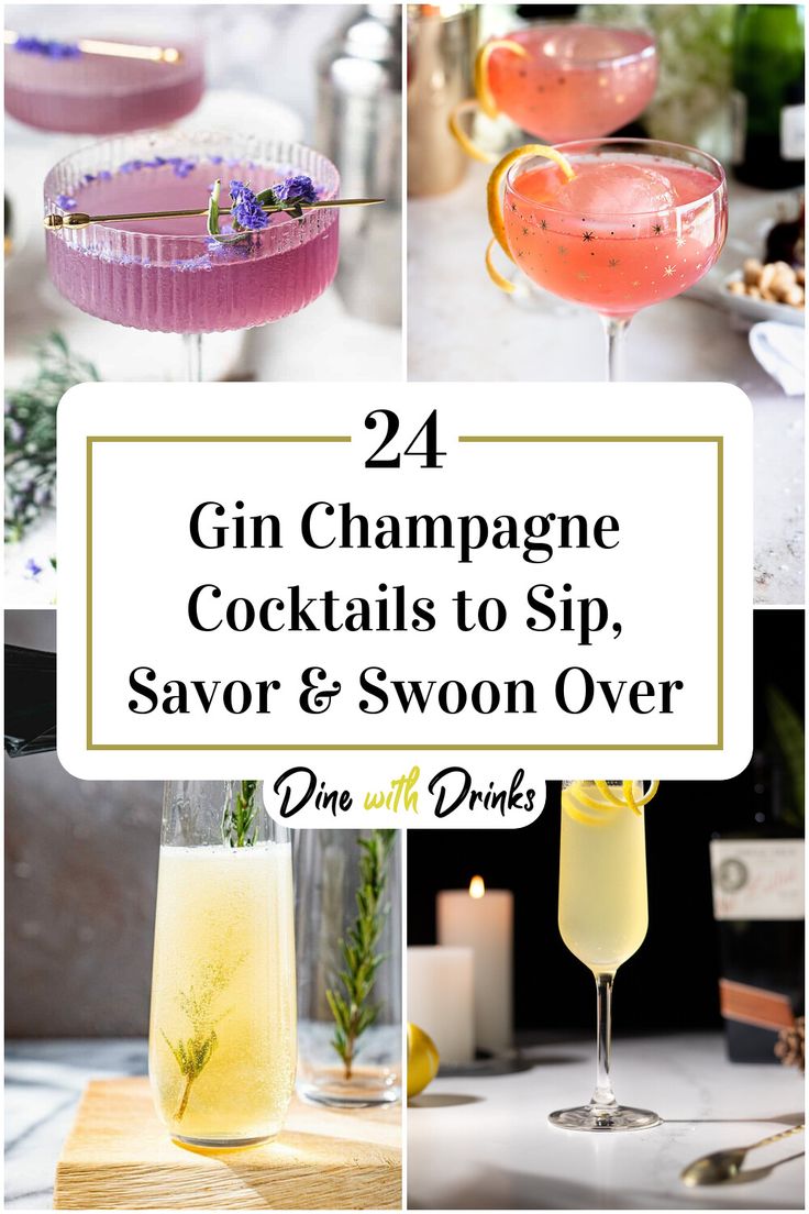 Collage of 4 gin champagne cocktails. Champagne Drinks Recipes, Gin Champagne Cocktail, Vodka Champagne Cocktail, Cocktails With Champagne, Cocktail With Champagne, Champagne Mixed Drinks, Champaign Cocktails, Chambord Recipes, Champagne Cocktail Recipes