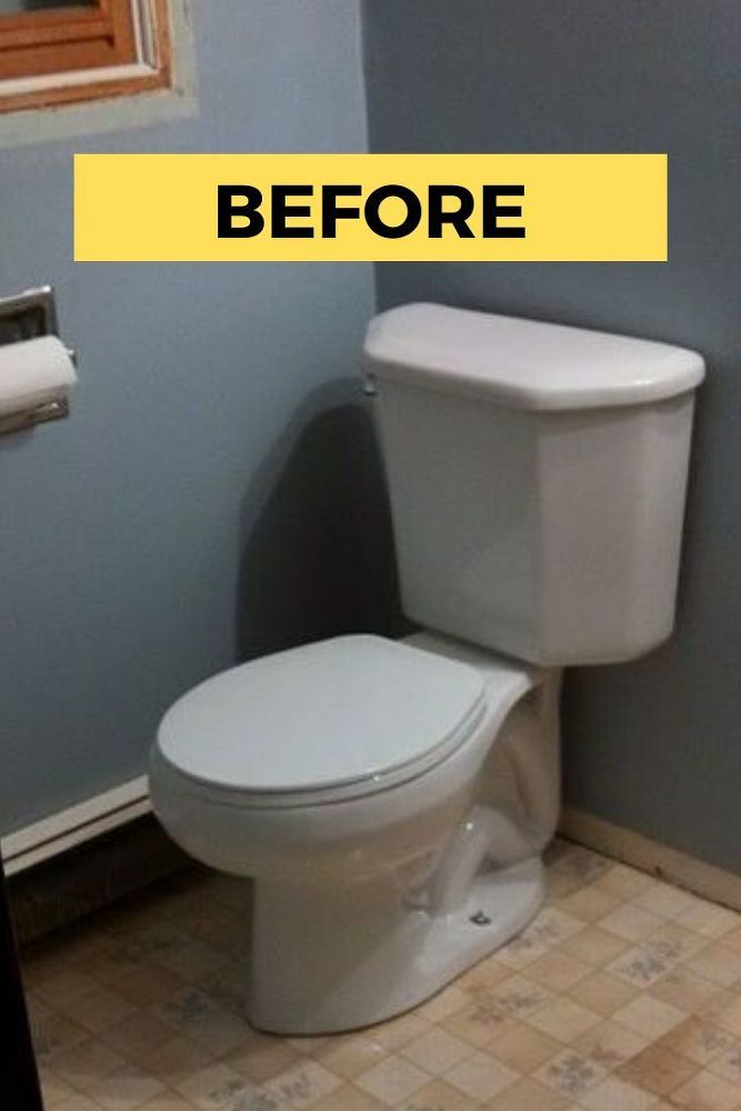 a white toilet sitting in a bathroom next to a wall with the words before written on it