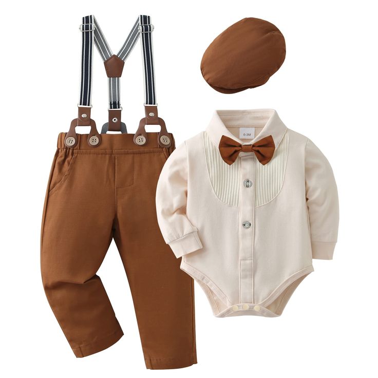 PRICES MAY VARY. High-quality material: The baby boy clothes is made of cotton blend, soft to the touch, comfortable and skin-friendly, no harm to the skin of the baby boy, handsome and attractive. Beautiful design: Baby boy outfit is designed for little gentleman, dress shirt with bow-tie and long pants make for baby boys, solid color/plaid tops with unique pleated design, beret very comfortable for your infant boy. Size: The cute baby boy suit have 4 sizes, newborn baby boy 0-3 months, baby bo Baby Boy Dressy Outfits, Boys Dressy Outfits, Boys Tuxedo, Gentleman Outfit, Bodysuit Shirt, Baptism Outfit, Baby Boy Dress, Infant Boy