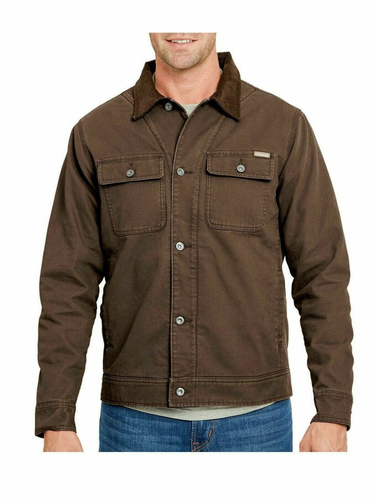 Woolrich men's Telluride sherpa lined Canvas Jacket Color:  Dark Brown  Size: XXL Pointed Brown Corduroy collar  Full Snap Like button front Classic Fit   washed canvas Sherpa lining Button closed chest pockets  side hand warmer pockets Adjustable tabs at bottom Woolrich patch at the left chest pocket 100% cotton canvas exterior  retail $127 Underarm to underarm 28" Collar to Bottom 309" R421 Rugged Brown Outerwear With Padded Collar, Rugged Brown Button-up Outerwear, Brown Military Outerwear With Multiple Pockets, Brown Corduroy Single-breasted Outerwear, Brown Military Style Hunting Outerwear, Mens Sherpa, Brown Corduroy, Canvas Jacket, Like Button