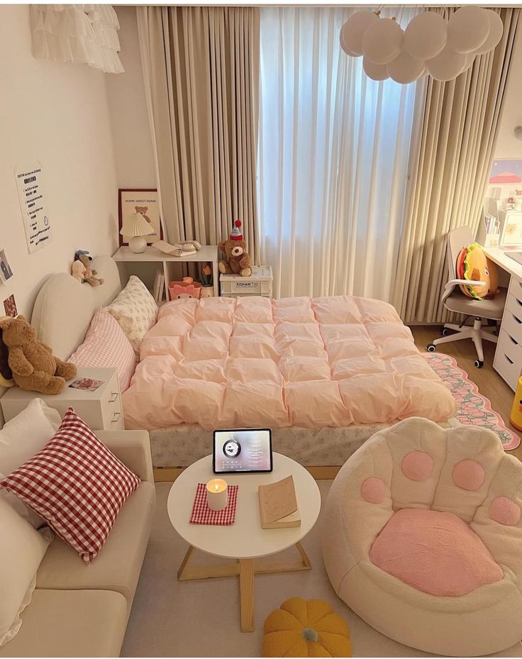 a child's bedroom is decorated in pink and white