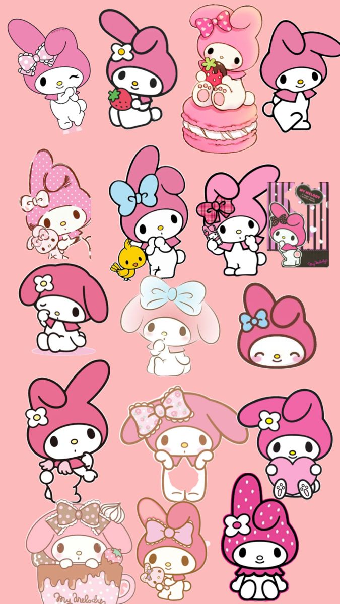 hello kitty stickers are shown on a pink background, with different types of cartoon characters