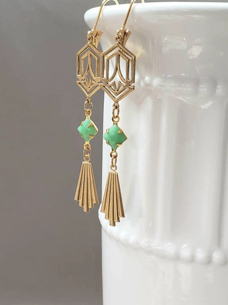 Green and Gold Art Deco Earrings 1920s Art Deco Jewelry | Etsy Green And Gold Art Deco, Green And Gold Art, Flapper Jewelry, Art Deco Jewelry 1920s, 1920s Earrings, Gold Art Deco Earrings, 1920s Jewelry, Faberge Jewelry, Green Art Deco