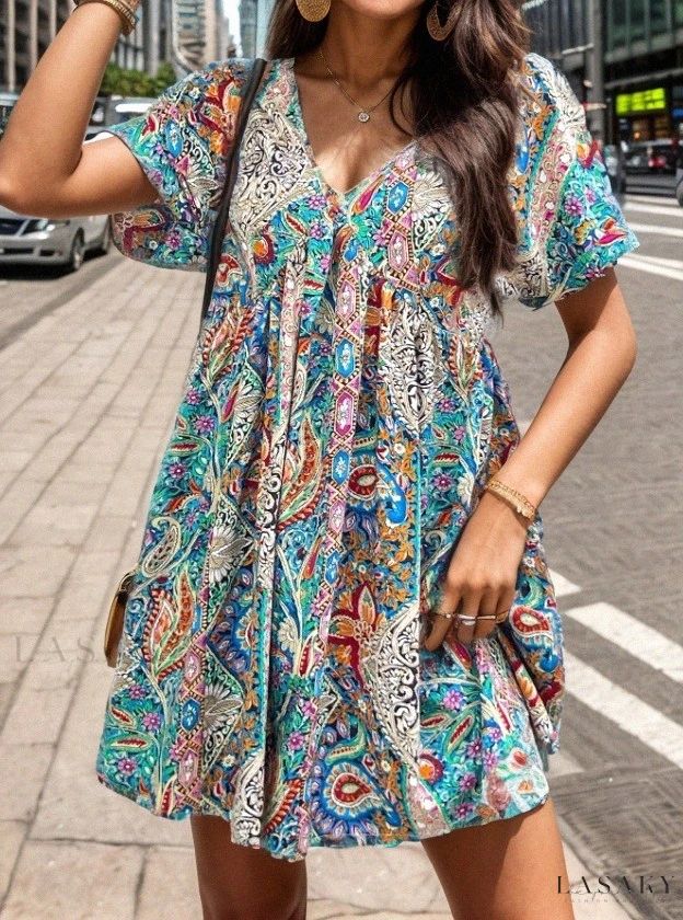 Lasaky - Floral Print High-Waist Slim Fit Short Sleeve Dress Printing Skirt, Mid Skirt, Line Skirt, Slim Fit Shorts, Short Sleeve Dress, Slim Waist, Types Of Skirts, Pleated Dress, Single Piece