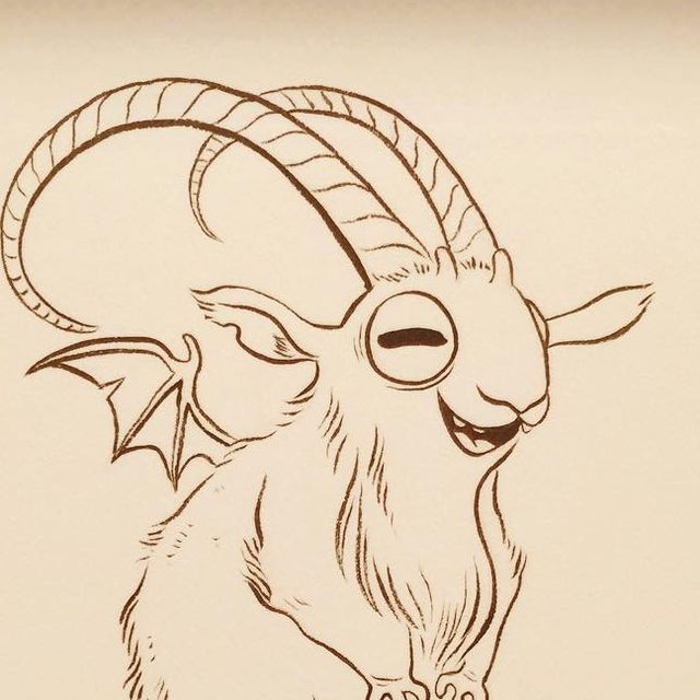 an ink drawing of a ram with horns