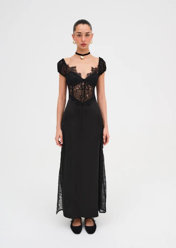 Casey Maxi Dress — Black | For Love & Lemons Feminine V-neck Lace Evening Dress, Fitted Lace Trim Corset Dress For Prom, Elegant V-neck Corset Dress With Fitted Bodice, Elegant Fitted Lace Dress For Prom, Elegant Corset Dress With Lace Patchwork, Evening Dress With Contrast Lace, Elegant Fitted Lace Dress With Sweetheart Neckline, Elegant Spring Evening Dress With Lace Trim, Sweetheart Neckline Dress With Lace Back For Night Out