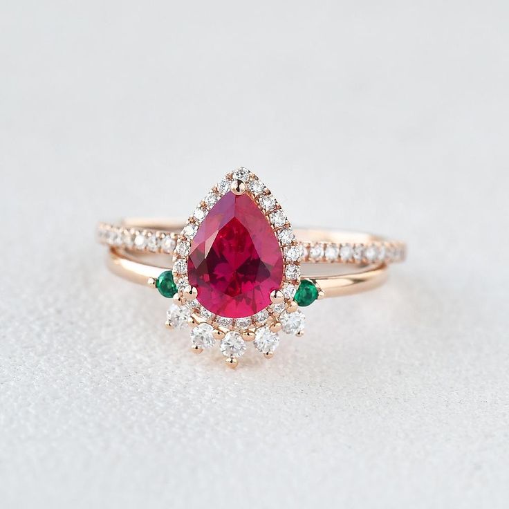 Vintage Pear Shaped Ruby & Emerald & Moissanite Halo Ring Set 2pcs - Felicegals 丨Wedding ring 丨Fashion ring 丨Diamond ring 丨Gemstone ring--Felicegals Ruby And Emerald Ring, Ruby Engagement Ring Set, Ruby Ring Set, Halo Ring Set, Emerald Band Ring, Rubin Ring, Byzantine Jewelry, Curved Ring, Ruby Wedding Rings