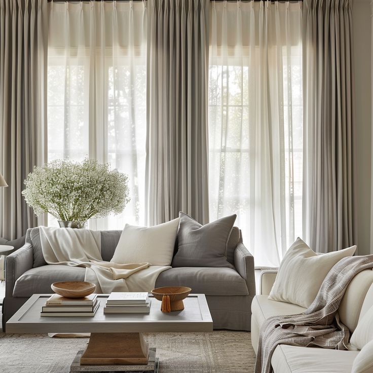 a living room with two couches and a coffee table in front of large windows