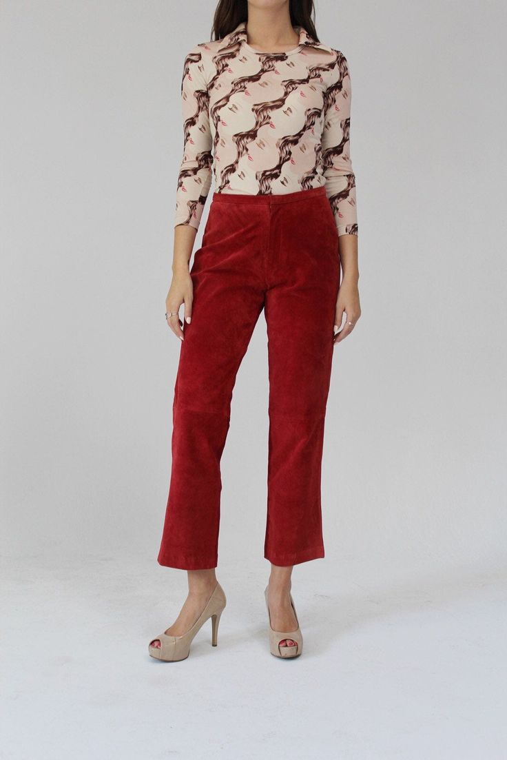 "This is a pair of lightweight and buttery soft red zipper fly pants, bootcut with minimal stitching. Made by La Redoute, sz. 6. Fits true to size. Snap button/zipper fly. Washable suede- cold wash. Measures: Waist: 29\" Hips: 38\" Inseam: 29\" Length: 38\" Condition: excellent. FOLLOW US ON INSTAGRAM FOR DEALS AND SNEAK PEEKS! @Wildthingvintage instagram.com/wildthingvintage Twitter: @Wildthingpeck Message me any time for further details or questions. Please note there is a 10% restocking fee o Casual Stretch Red Leather Pants, Red Stretch Leather Pants For Fall, Red Straight Pants For Fall, Red Leather High-waisted Pants For Fall, Red High-waisted Leather Pants For Fall, Wide Leg Red Leather Pants For Fall, Red Pants For Fall Workwear, Red Straight Leg Pants For Fall, Burgundy Straight Leg Pants For Fall