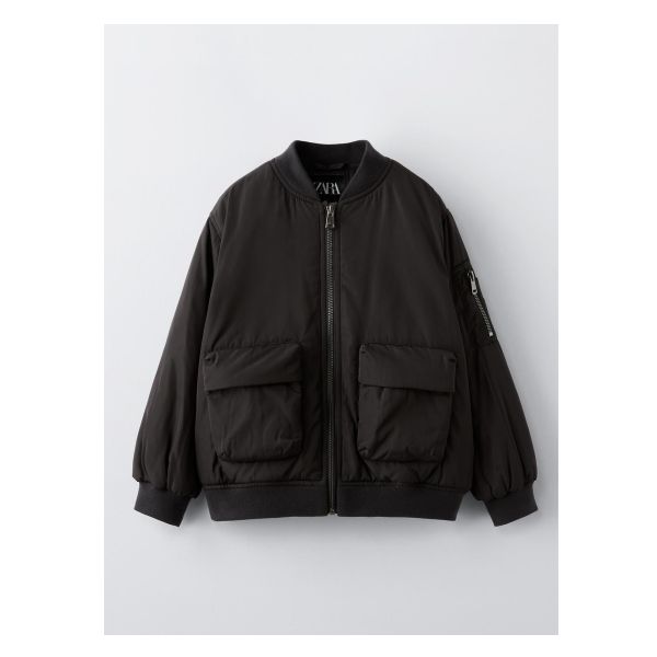 Bomber jacket with high collar and long sleeves. Front zip closure. Front flap patch pockets and zipper pockets on sleeve. Back label appliqué. Rib trim.