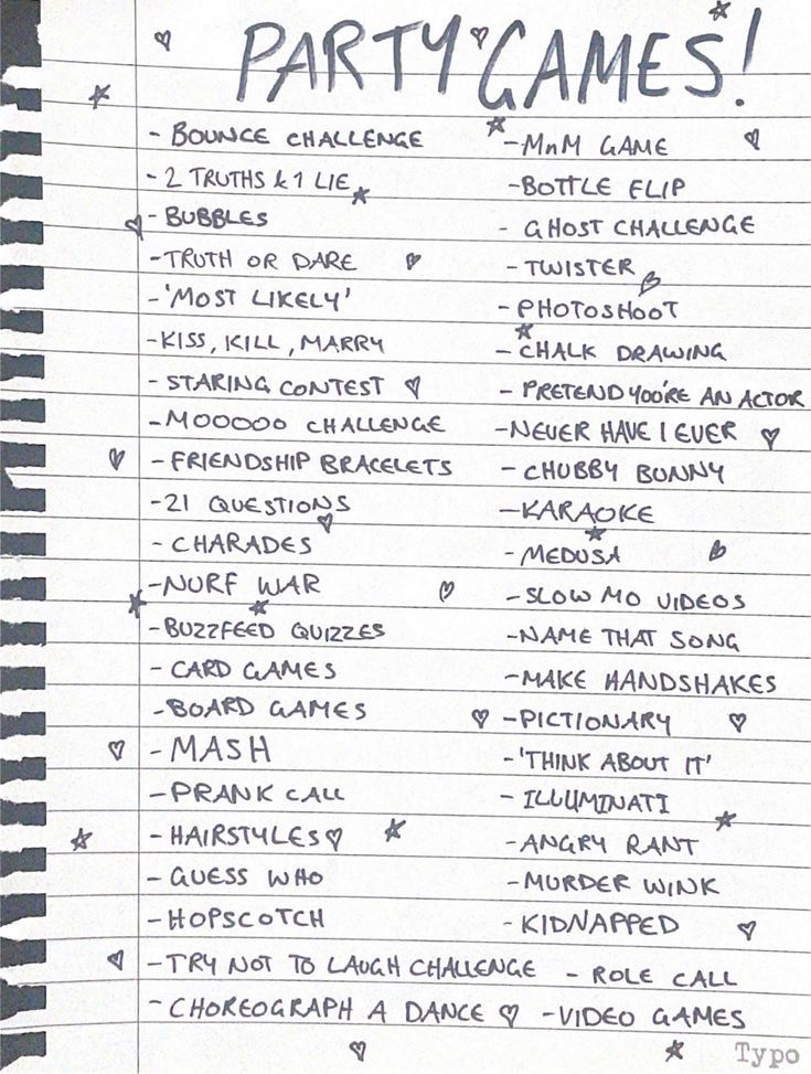 a list of party games written in black ink