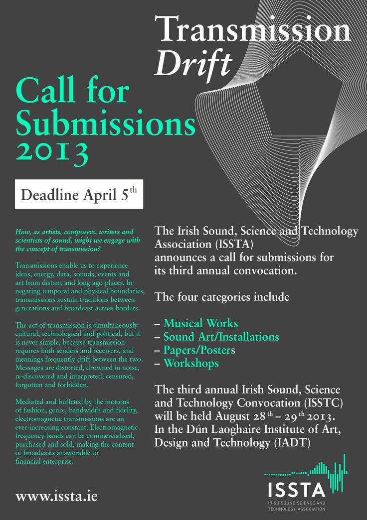 a poster with the words call for submisions 2013 in green and white on it