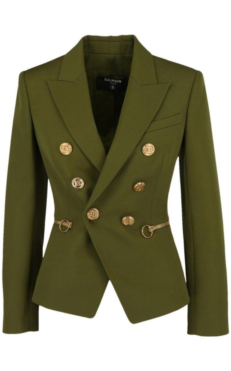 Green Wool Double-breasted Blazer Balmain Saint Laurent Jeans, Womens Suits, Green Suit, Blazer Style, Green Blazer, Green Wool, Double Breasted Blazer, Paco Rabanne, Blazer Buttons