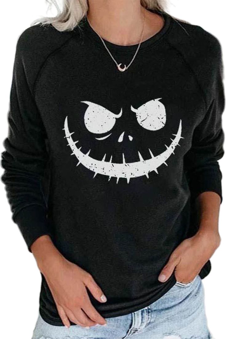 Black Crew Neck Pumpkin Print Halloween Sweatshirt Spooky Black T-shirt For Winter, Black Long Sleeve Halloween Sweatshirt, Black Long Sleeve Sweatshirt For Halloween, Spooky Black Long Sleeve Top, Black Crew Neck Sweatshirt With Skull Print, Black Cotton Sweatshirt With Skull Print, Black T-shirt With Character Print For Winter, Black Skull Print Sweatshirt For Winter, Black Long Sleeve Horror Sweatshirt