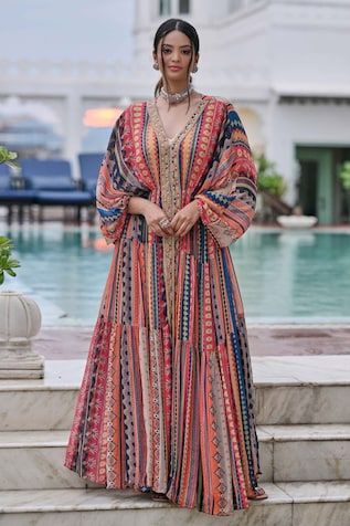 Multicolour geometric print kaftan with cutdana embroidery. Comes with inner and palazzo. - Aza Fashions Multicolor Kaftan With Dupatta For Festivals, Eid Multicolor Kaftan With Dupatta, Bollywood Style Multicolor Straight Kurta Kaftan, Designer Multicolor Kaftan For Festivals, Multicolor Designer Kaftan For Festivals, Multicolor Kaftan With Dupatta For Navratri, Bollywood Style Multicolor Kaftan With Mirror Work, Embroidered Multicolor Kaftan For Navratri, Multicolor Festive Kaftan For Navratri